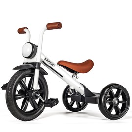 KRIDDO Kids Tricycle, 12 Inch Puncture Free Wheel w Front Light, Adjustable Seat Height, Gift for 2-5 Year Olds, White