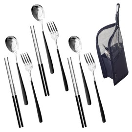 FOXDOOR Cutlery Set, Chopsticks, Spoon, Fork, Storage Case, Dining Table, Scandinavia, Disaster Prevention, 7.9 inches (20 cm), Black, Stainless Steel, Camping Cutlery, 3-Piece Set, For 2 People, 3