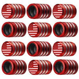 Tire Valve Stem Cap Cover - (12 Pack) Tire Air Cap Metal with Plastic Liner Corrosion Resistant Leak-Proof American Flag for Car Truck Motorcycle Bike Red