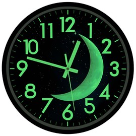 JoFomp LED Light Up Wall Clock Glow in Dark, 12 Inch Silent Wall Clock Battery Operated, Blue Moon Night Light Wall Clocks for Living Room Decor, Sound Control Glow in The Dark Wall Clock for Bedroom