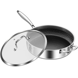 DELARLO Tri-Ply Stainless Steel 12 Inch Deep Frying Pan with lid 7QT Saute Pan Nonstick, Induction Compatible Chef Cooking Pan, Large Pan