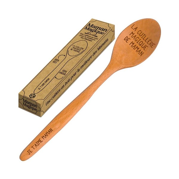 OriginalCup® Oiled Wood Cooking Spoon with Engraving "Je t'aime Maman et La Magique de Maman" | Unique Gift Idea for Mother's Day | Beech Kitchen Accessories