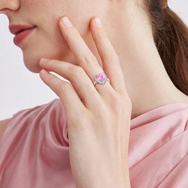HMOOY Heart Shaped Rings for Women, Love Heart Birthstones Ring Cubic Zirconia Rings Simulated Diamond Rings Adjustable Engagement Promise Wedding Rings Gifts (Pink)