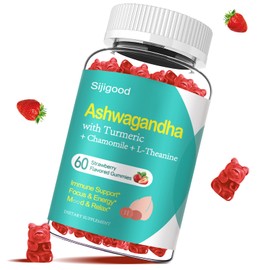 Sijigood Ashwagandha Gummies with L-theanine, Ashwa Root Supplement Gummy for Women Men, 60 Strawberry Flavored Gummies