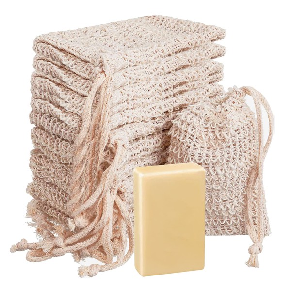 TACYKIBD - 15 bolsas de jabón, bolsa de malla para jabón y jabón exfoliante natural con cordón, soporte para jabón de secado y espuma de sisal para uso en baño y ducha, pelado de masaje (5.7 x 3.7 pulgadas)