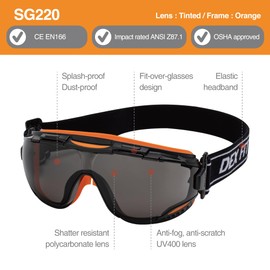 DEX FIT Protective Safety Goggles SG220; Anti Fog & Scratch, Z87 Eye Protection for Lab, Science, and Chemistry Work, Adjustable for Women and Men, (Black & Orange Frame, Tinted Lens, 30cm Strap)