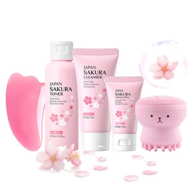 Skincare Set For Teenage Girls Gifts,Sakura Face Care Gift Set,Beauty Skin Care Sets&Kits for Women,Pamper Set Teen Girl Gifts, Toner, Cleanser, Cream,Facial Cleansing Brush, Face Guasha Tool