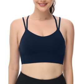 Attifall B/C Cup Criss Cross Longline Sports Bras Light Support Strappy Yoga Running Workout Bra(2410709 Navy Blue/XS)