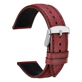 WOCCI 20mm Nubuck Leather Watch Strap for Men and Women, Silver Buckle (Crimson Red)