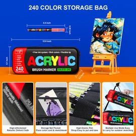 240 Colors Acrylic Paint Markers with Carrying Bag and Shoulder Strap, Soft Brush Tip Paint Pens, Acrylic Pens for Wood, Stone, Canvas, Glass, Fabric, Egg, Rock Painting and DIY Crafts Art Supplies