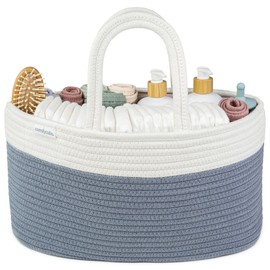 Comfy Cubs Rope Diaper Caddy Organizer 8.5" x 15" x 8" - Large Baby Diaper Basket with 3 Spacious Compartments - Stylish Cotton Baby Caddy Organizer for Diapers, Wipes & Essentials - Pacific Blue
