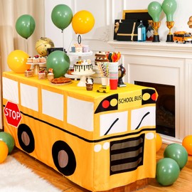 Oudain 4 FT School Bus Tablecloth First Day of School Party Table Cover Birthday Decoration Washable Fabric Polyester Rectangle Table Cover Protector School Bus Theme Party Birthday Decoration