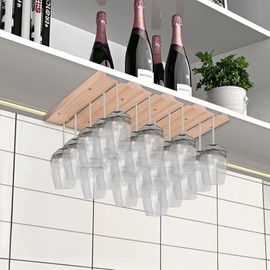 YJTREMFYX 4-section adjustable wooden wine cup holder, wine utensil hanger, glass cup, bar storage rack installed under cabinets or countertops -12 wine cup storage cabinets (natural color)