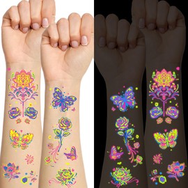 Qpout 20 Sheets Glow in UV Neon Temporary Tattoos Butterfly Flowers Fluorescence UV Flash Fake Tattoo Stickers for Women Girls Face Body Art Rave Festival