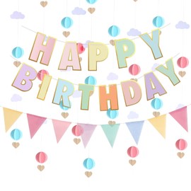 Pre-Strung Happy Birthday Banner and Decorations-Girls Toddler Birthday Decorations-Happy Birthday Banner and 3D Garland with Pennant Banner Flags Pastel