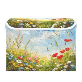 senya Large Storage Bins with Linen Oil Painting Flower Collapsible Foldable Storage Cubes Fabric Closet Organizer Containers Box with Flip-Top Lid for Home Bedroom Office 16.7 x 12.6 x 11.8in
