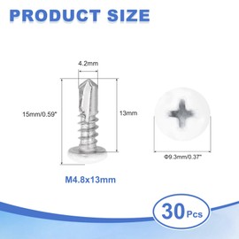 MECCANIXITY 30Pcs M4.8x13mm White Thick Pan Head Self Tapping Screws, 410 Stainless Steel Self Drilling Screws for Metal Sheet Metal Screw, Silver