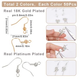 SUNNYCLUE 1 Box 100Pcs Earring Hooks Real 18K Gold Plated Brass Ear Wires Platinum Plated Earring Fish Hooks with Filigree Ball French Earring Hooks for Jewelry Making Kit Hypoallergenic Supplies