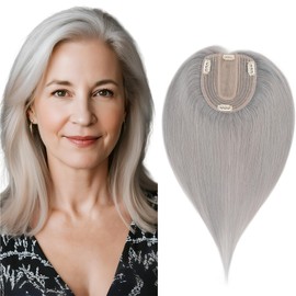 SEGOHAIR Human Hair Topper for Women with Thinning Hair, 4 Clips, Silk Base 3.94x4.72, No Front Bangs, 10 Inches Lengths, Grey Color, Achieve a Fuller, More Youthful Appearance
