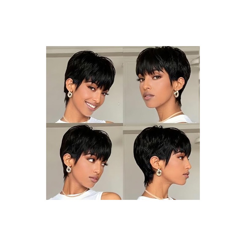 SAEIALL Peluca de cabello humano corto negro con corte pixie