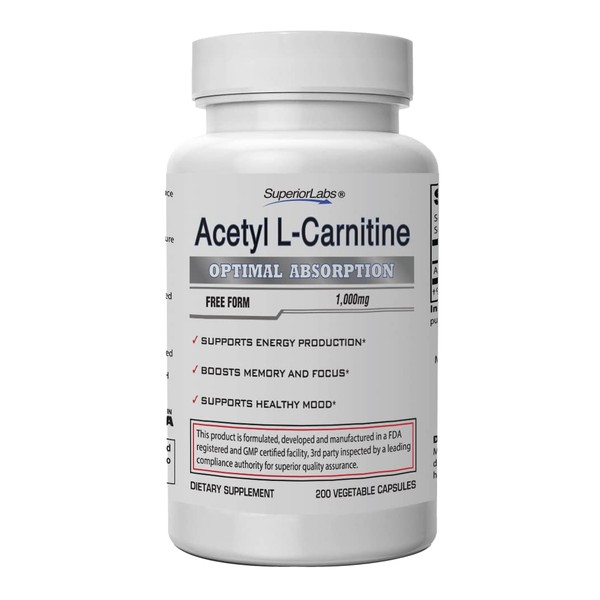 Superior Labs Acetyl L-Carnitine 1000 mg, High Potency ALCAR, Pure