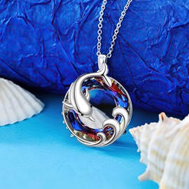 TREE NEST Collar de Delfín, Collar con Colgante de Delfín y Onda, Joyería de Animales Océano, Collares de Cristal Joyería para Mujeres, Regalo para El Día de la Madre, Cumpleaños y Navidad