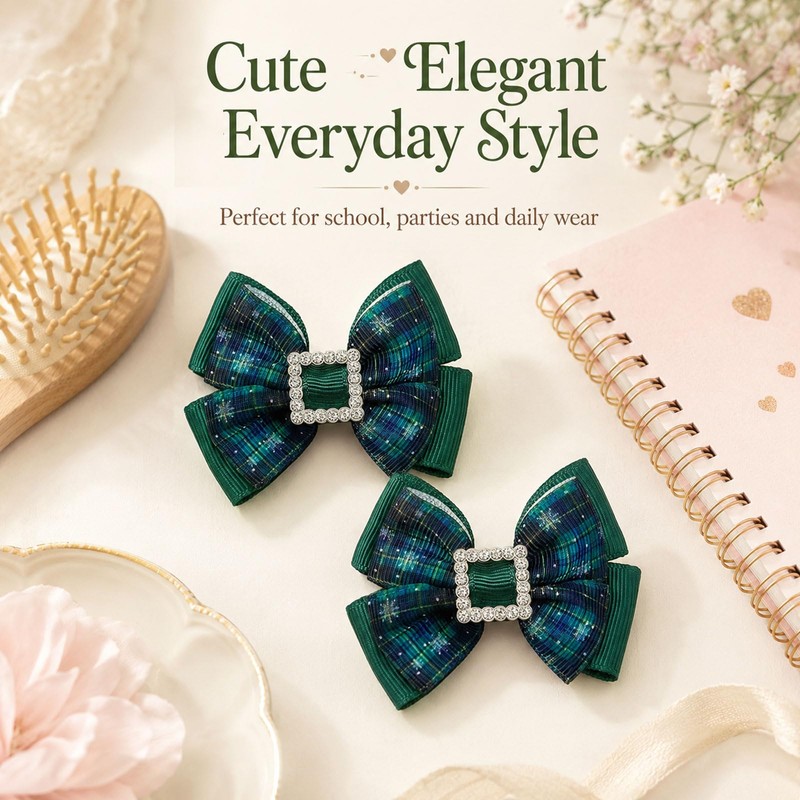 Green Plaid Hair Bows 2Pcs Christmas Rhinestone Square Clip