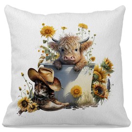 OFlich Highland Cow Pillow Covers - Highland Cow Gifts, Sunflower Cow Pillow Covers 18x18, Western Highland Cow Summer Decor, Summer Cow Decorations for Home