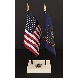 1 American and 1 Pennsylvania Executive Flag Set American Made Rayon 4x6 inch Desk Set Includes a 2-Hole White ArcticSno Base with a USA Great Seal and Two Flags