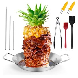 Stainless Steel Vertical Skewer BBQ Al Pastor Skewer for Grill Stainless Steel Shawarma Stand Vertical Spit with 3 Spikes(8”/10"/12”) Brushes & Tongs & Corn Holders for Tacos Kebabs Smoker Oven