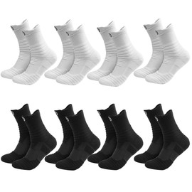 8 Pares Calcetines para Hombre,Calcetines Deportivos Hombre,Calcetines Basquetbol Baloncesto,Tubo Medio de Algodón,Alta Elasticidad,para Futbol,Running,Correr, Casual, Fitness(4 negros + 4 blancos)