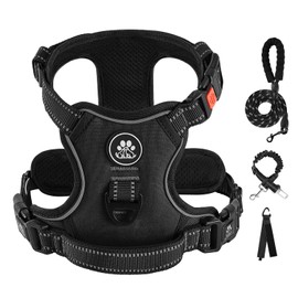 IVY&LANE Arnés para perro sin tirones para perros grandes, arnés de chaleco para perro con correa, cinturón de seguridad y correa de almacenamiento, arnés totalmente ajustable, tira reflectante de 360°, mango suave (negro, XL)
