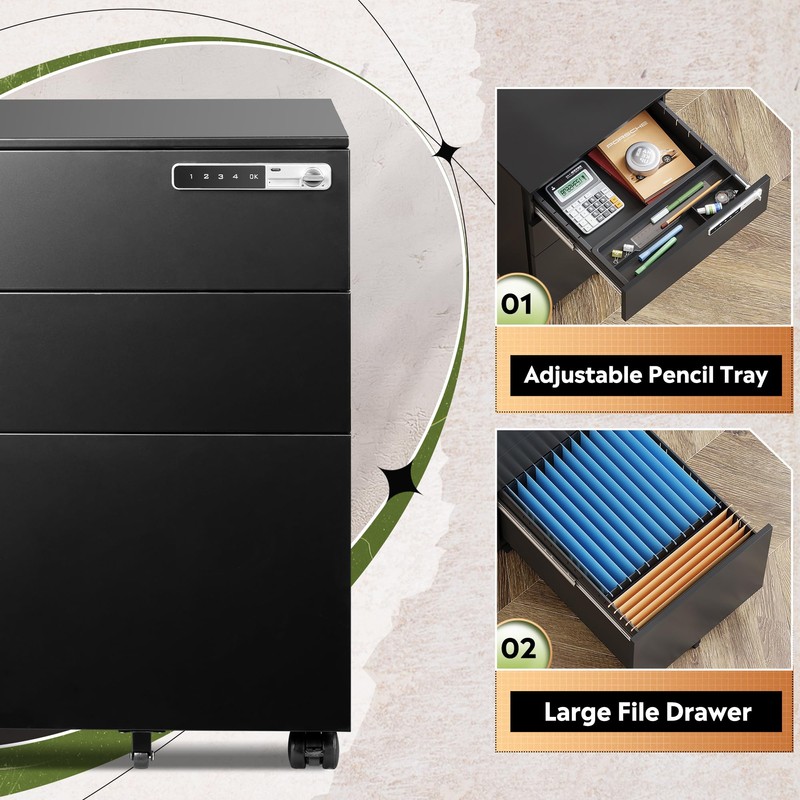 DEVAISE 3 Drawer File Cabinet with Combination Lock, Fully Assembled