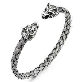 COOLSTEELANDBEYOND Mens Wolf Head Bracelet Steel Braided Cable Bangle Cuff Bracelet Old Silver Color, Adjustable