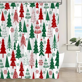 UPUMKSK Christmas Tree Shower Curtain Red Green Xmas Tree Snowflake Cute Winter New Year Holiday Bath Curtain with Hooks