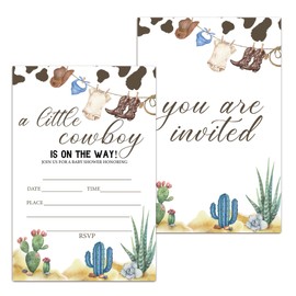 RPLCSPC A little Cowboy Baby Shower Invitation Western Them Baby Shower Gender Neutral Party Fill in Invites Cards Boy Invitation Paper Cards for Gender Reveal Birthday Party Supplies, 20 Sets-A15