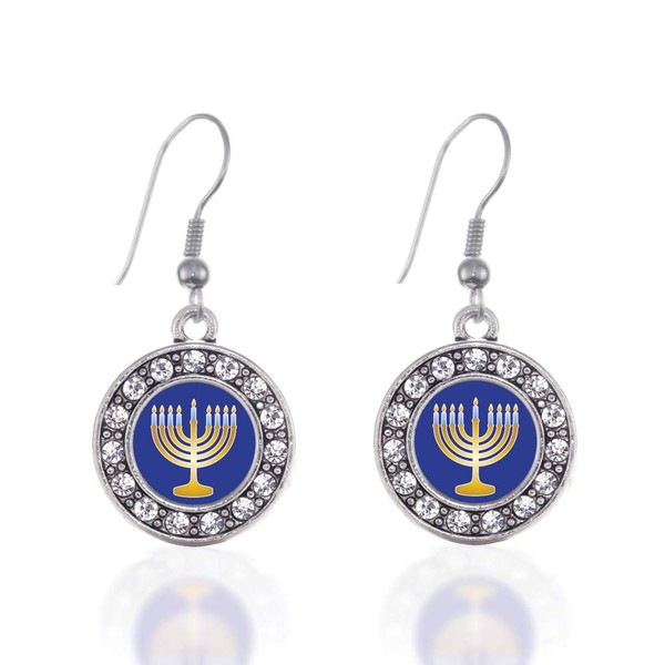 Inspired Silver - Menorah Charm Earrings for Women - Silver Circle Charm French Hook Drop Earrings with Cubic Zirconia Jewelry