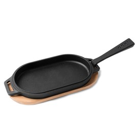 ooni Cast Iron Sizzler Pan - Griddle Frying Pan, 12" x 6" Sizzler Plate with Removable Handle and Bamboo Trivet, Pre-Seasoned Non-Stick Oven Safe Cookware, Pizza Oven and BBQ Accessories