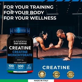Bandini® Creatine Monohydrate 3000mg | 300 Tablets | Supplement for Energy, Training and Gym | Pre Workout for Men & Women | Powder Alternative | 100% Vegan Micronized Creatine | Keto Unflavoured