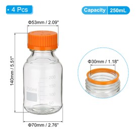 PATIKIL 4 Pack Reagent Media Storage Bottles, 250ml Borosilicate Glass Graduated Round Bottles with Orange GL32 Screw Cap for Lab Water Reagent Liquids, Clear