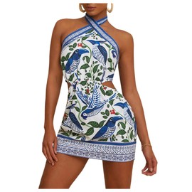 RoseSeek Women's Criss Cross Boho Halter Dress Cut Out Tie Backless Summer Pencil Mini Dresses Blue and White Large