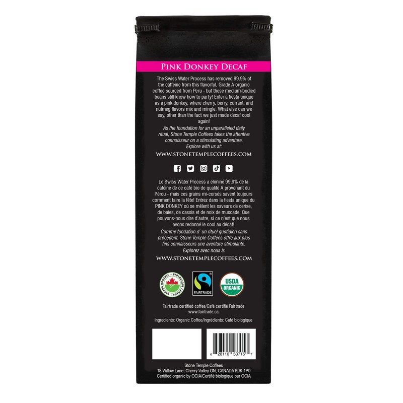 Stone Temple Coffees - Pink Donkey Decaf, Ground, Medium Roast