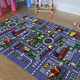 Champion Rugs Kids/Baby Room Area Rug City Roads Map Train Tracks Cars Play Racing and Toys Mat Extra-Large Nursery with Non-Slip Backing and No Chemical Smell,Safe and Fun Baby Mat-Extra Soft