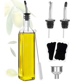 Showvigor Olive Oil Dispenser Bottle, Oil and Vinegar Cruet Bottle 17 oz/500 ml, Square Tall Glass Oil Container with 2 Stainless Steel Pourers, 2 Labels,1 Brush and 1 Funnel Oil Bottles for Kitchen