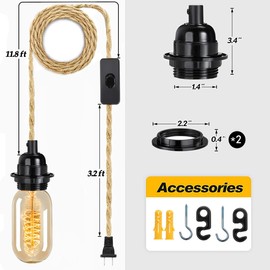 HESSION Rattan Wrapped Extension Hanging Lantern, Plug-in Pendant Light with Hemp Cord - 15ft, E26/E27 Compatible Vintage Fabric Lamp - Ideal for Rustic and Boho Style Decor