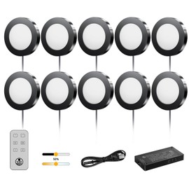 VST Under Cabinet Lights CCT 3000K-6500K, LED Puck Light Color Temperature and Brightness Adjustable with Touch Remote Dimmer ETL-Listed LED Driver for Drawer Wardrobe Kitchen (10Pcs Black)