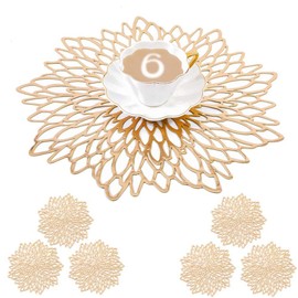 MANGATA Gold Placemats and Coaster Sets of 6, Round Table Placemats for Christmas, Wedding, Dinner Parties, Restaurant, Hotel, 38cm, 15.5inches