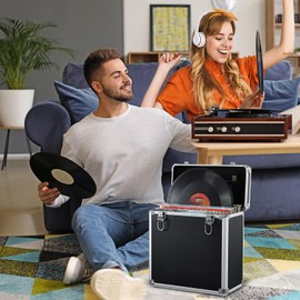 Vinyl Record Storage Case LP Album Collection Display Box Aluminium Water Resistant Vinyl Record Organizer Storage Holds 50 Valuable Records 7/10/12 Inch Collapsible Storage Crate with Mesh Bag, Black