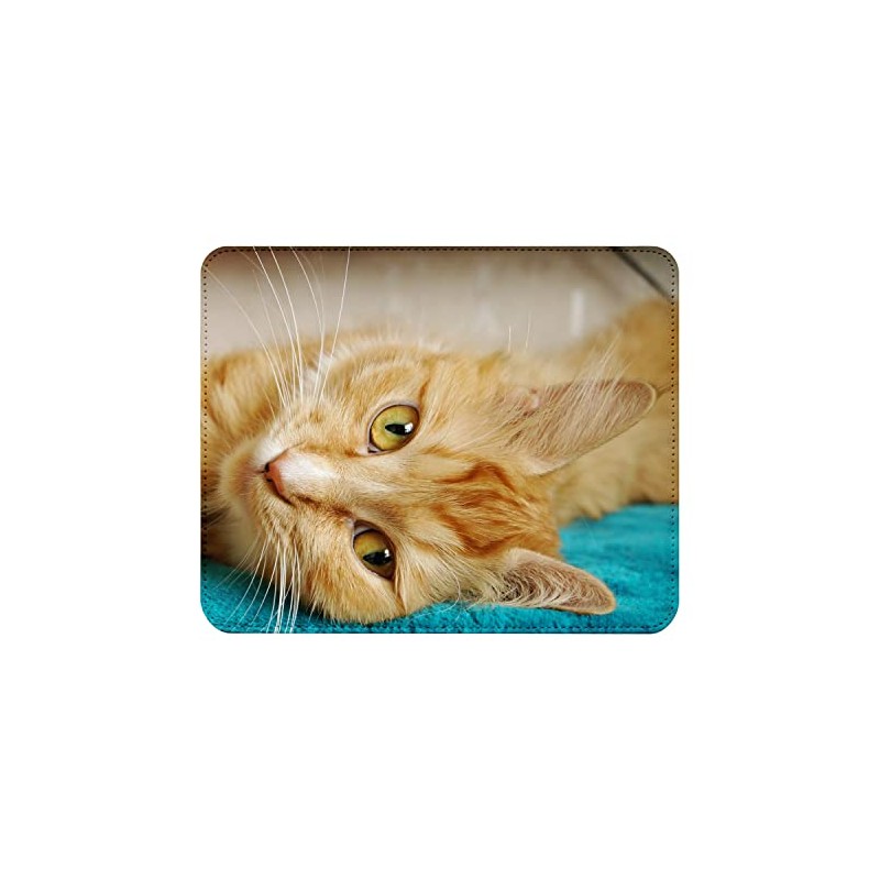 Fabulous Mauspad aus Kunstleder Red Tabby-Katze auf Blauem Tuch Lounging