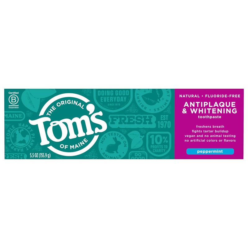 Tom's of Maine Fluoride-Free Antiplaque & Whitening Natural Toothpaste, Peppermint,